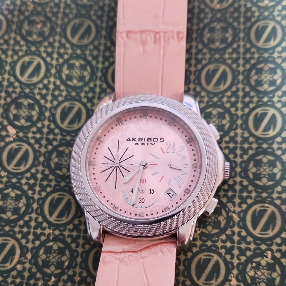Akribos XXIV Pink Leather Strap Watch